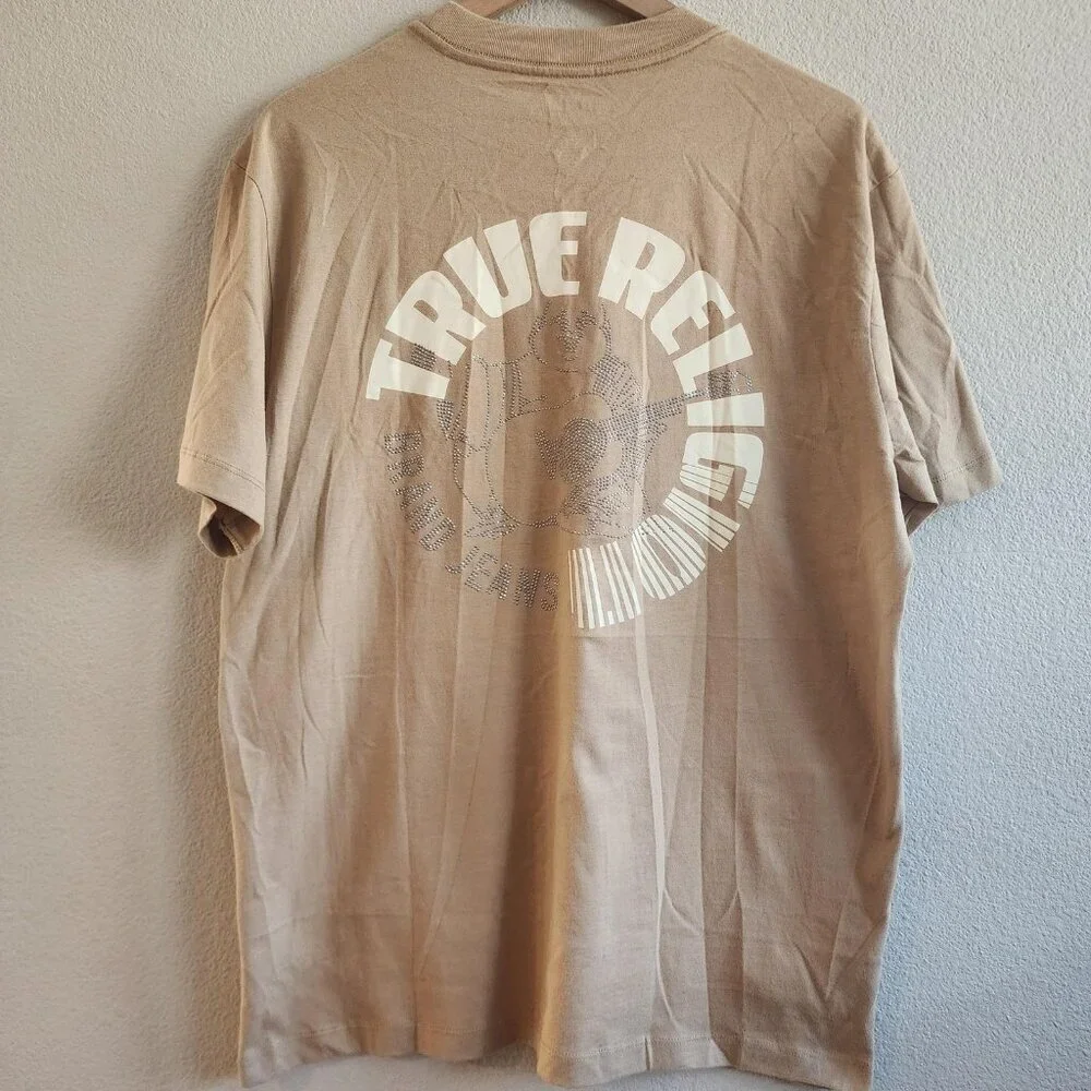 True Religion Shirt Mens Large Tan Buddha Rhinestone Graphic Tee Short Sleeve